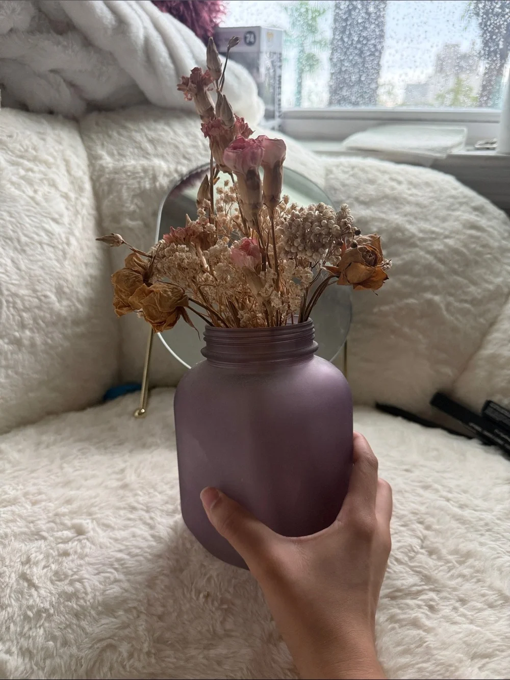 Dried Flowers Roses baby’s breath small vase purple beige pink mauve cream